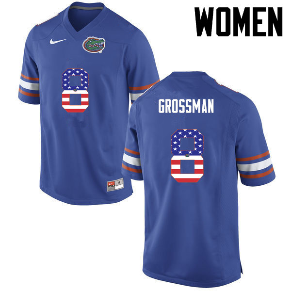 Women Florida Gators #8 Rex Grossman College Football USA Flag Fashion Jerseys-Blue - Click Image to Close